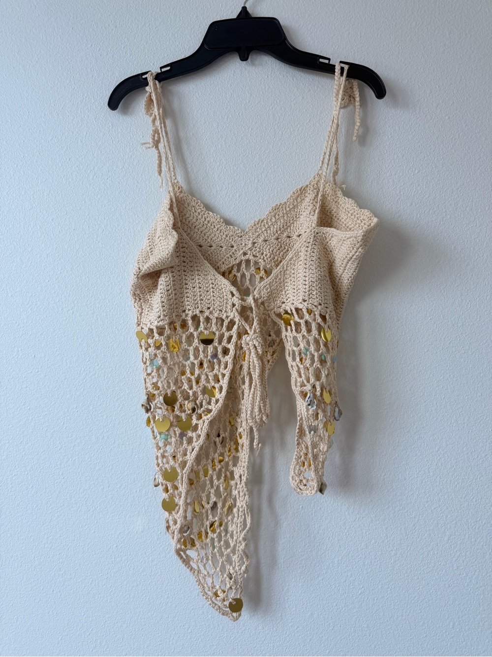 Beige Crochet Sequin Tie-Shoulder Tank Top - Picture 5 of 5